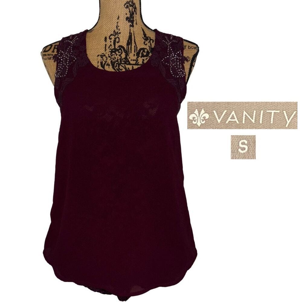 Vanity Sheer Lace Chiffon Tank Top Rhinestones Burgundy Size Small Boho Chic